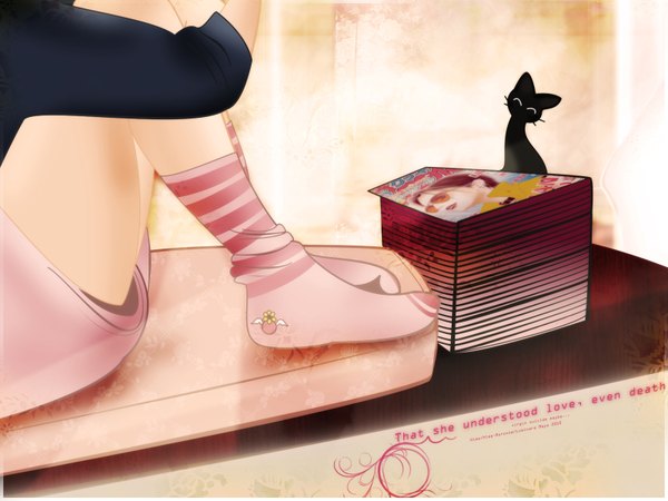 Anime picture 1600x1200 with yazawa ai girl socks shorts book (books) cat