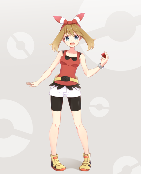 イラスト 830x1024 と ポケットモンスタ pokemon (game) pokemon oras nintendo ハルカ(トレーナー) 塩キャベッ。 ソロ 長身像 カメラ目線 短い髪 開いた口 青い目 茶色の髪 肩出し grey background 女の子 ショーツ ヘアバンド 白いショットパンツ leggings