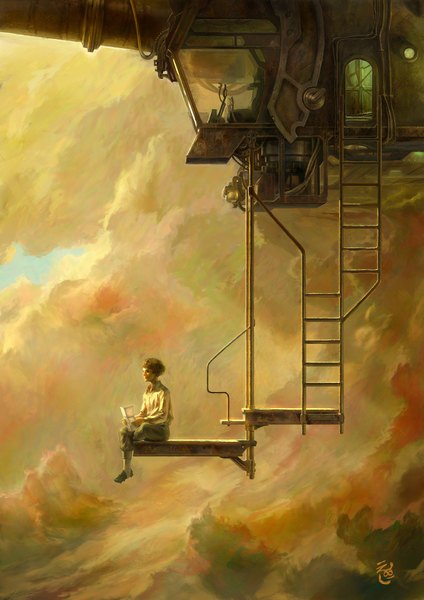 Anime picture 1591x2250 with original ag+ (artist) tall image short hair brown hair sitting signed sky cloud (clouds) full body scenic science fiction boy paper door ladder