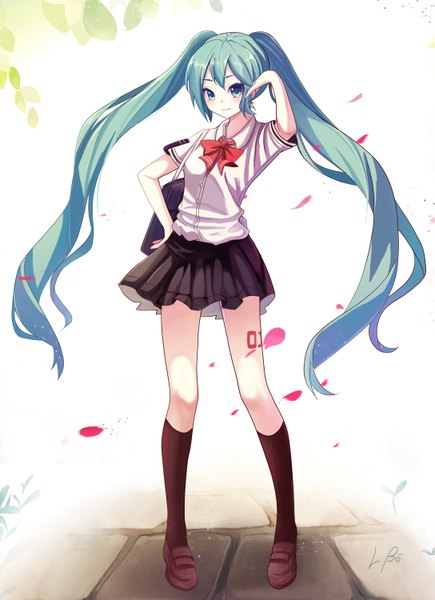 Anime picture 1087x1500 with vocaloid hatsune miku l.bou single long hair tall image looking at viewer blush smile standing twintails aqua eyes aqua hair tattoo hand on hip girl skirt uniform school uniform petals