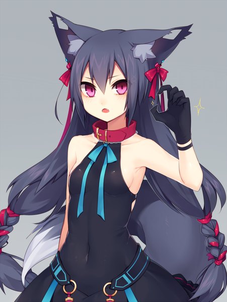 Anime picture 827x1100 with original muryotaro single tall image looking at viewer blush fringe open mouth simple background bare shoulders animal ears purple hair upper body tail braid (braids) very long hair animal tail pink eyes arm up grey background