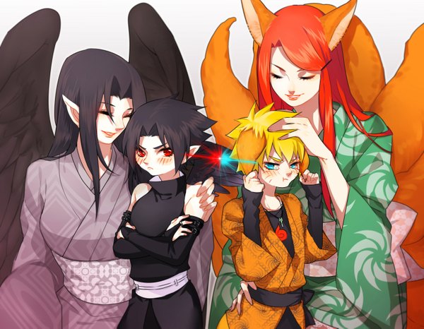 Anime picture 2800x2177 with naruto studio pierrot naruto (series) uzumaki naruto uchiha sasuke uzumaki kushina uchiha mikoto cao (pixiv id3775902) long hair blush highres short hair black hair blonde hair simple background smile red eyes white background bare shoulders multiple girls