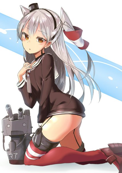 Anime picture 906x1280 with kantai collection amatsukaze destroyer rensouhou-kun ksk (semicha keisuke) single long hair tall image looking at viewer blush light erotic grey hair two side up girl thighhighs dress hair ornament hat short dress hair tubes mini hat