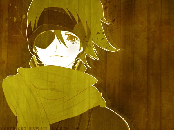 Anime picture 1280x960 with d.gray-man lavi hoshino katsura pamkips single looking at viewer fringe short hair hair between eyes upper body light smile third-party edit yellow background 2007 boy hairband scarf