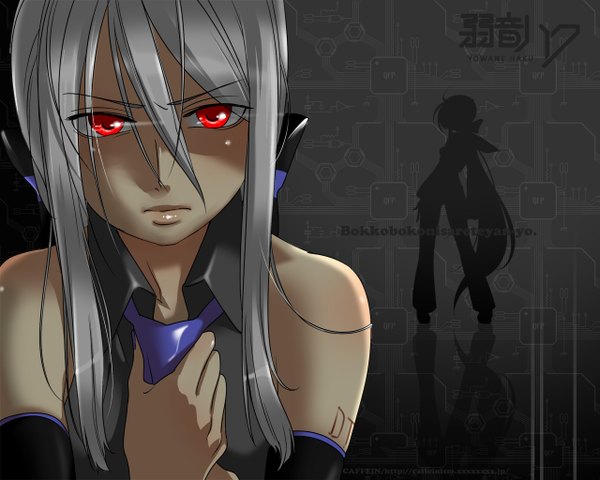 Anime picture 1280x1024 with vocaloid yowane haku caffein single long hair red eyes bare shoulders silver hair grey hair silhouette girl detached sleeves