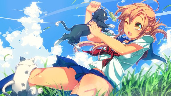 Anime picture 1920x1080 with nyan koi mizuno kaede is ii single long hair fringe highres open mouth blonde hair hair between eyes wide image yellow eyes sky cloud (clouds) ahoge outdoors ;d girl uniform plant (plants)