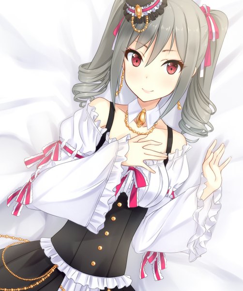 Anime picture 1080x1290 with idolmaster idolmaster cinderella girls kanzaki ranko hiiragi hajime single long hair tall image looking at viewer smile red eyes twintails bare shoulders lying long sleeves grey hair wide sleeves drill hair hand on chest anniversary princess girl