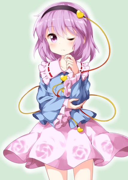 Anime picture 1000x1400 with touhou komeiji satori ruu (tksymkw) single tall image looking at viewer blush fringe short hair simple background hair between eyes purple eyes purple hair green background girl skirt headband