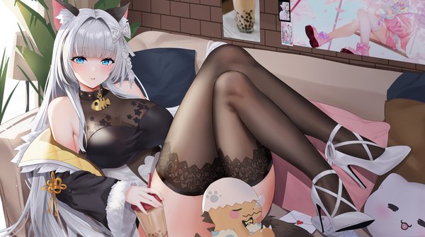 Anime picture 1808x1008 with virtual youtuber indie virtual youtuber nekoyashiki tapi abab xiaxia single long hair looking at viewer blush fringe highres breasts blue eyes light erotic wide image large breasts bare shoulders animal ears silver hair full body bent knee (knees)