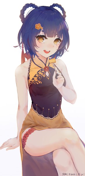 Anime picture 3575x7335 with genshin impact xiangling (genshin impact) swkl:d single tall image looking at viewer blush fringe highres short hair open mouth simple background smile white background sitting bare shoulders holding signed yellow eyes blue hair