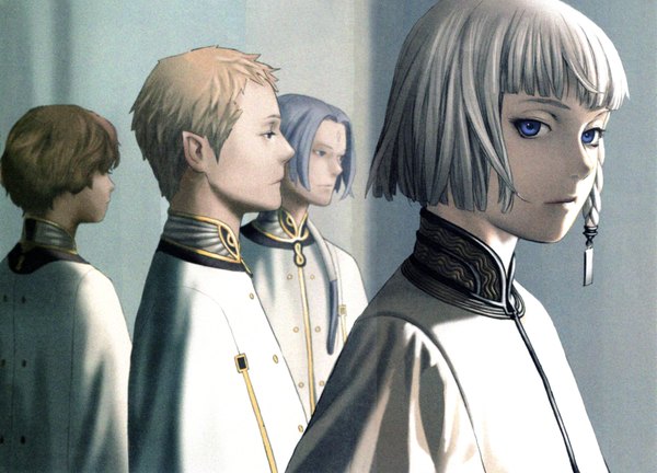 Anime picture 3462x2496 with last exile gonzo dio eracles lucciola highres short hair blue eyes blonde hair brown hair absurdres white hair profile pointy ears multiple boys facial mark group boy