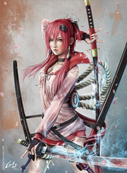 Anime picture 1024x1393 with hyakka ryouran samurai girls arms corporation yagyuu juubei (hyakka ryouran) rio (cloudlee) single long hair tall image looking at viewer fringe standing holding cleavage red hair lips glowing dual wielding glowing weapon 3d samurai girl