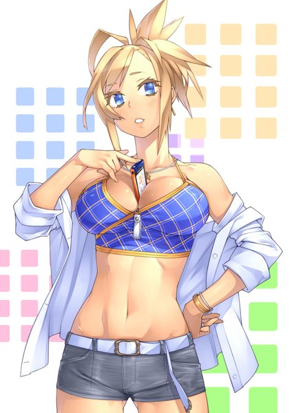 Anime picture 1446x2046 with original 23 (real xxiii) single tall image breasts blue eyes light erotic blonde hair large breasts girl shorts bracelet phone