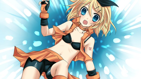 Anime picture 1600x900 with vocaloid kagamine rin yayoi (egoistic realism) single short hair blue eyes light erotic blonde hair wide image midriff skirt lift surprised girl gloves choker leggings