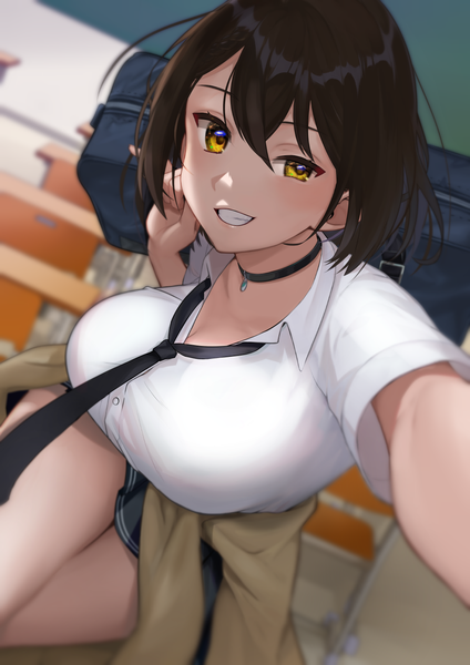 Anime picture 1052x1488 with azur lane baltimore (azur lane) baltimore (after-school ace) (azur lane) oshida bob single tall image looking at viewer blush fringe short hair breasts light erotic smile hair between eyes brown hair large breasts standing holding yellow eyes indoors