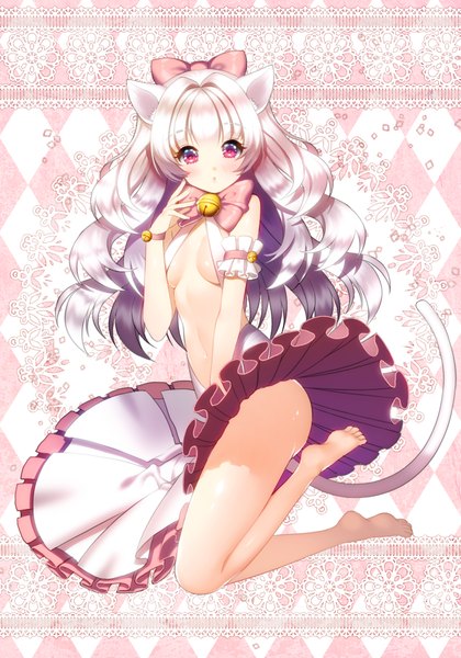 Anime picture 700x1000 with original aile (crossroads) single long hair tall image looking at viewer fringe breasts light erotic animal ears silver hair tail animal tail pink eyes barefoot cat ears cat girl cat tail skirt lift jumping
