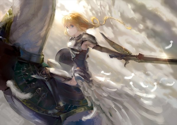 Anime picture 1100x777 with fate (series) fate/stay night studio deen type-moon artoria pendragon (all) saber yunohara konomi long hair blue eyes blonde hair cloud (clouds) single braid flying girl weapon animal sword boots armor feather (feathers)