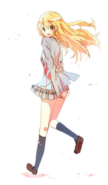 Anime picture 535x910 with shigatsu wa kimi no uso a-1 pictures miyazono kaori asanagi kurumi (panda-doufu) single long hair tall image blush fringe open mouth simple background blonde hair hair between eyes white background brown eyes looking away full body bent knee (knees) looking back hands behind back