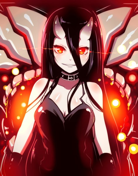 Anime picture 1100x1400 with kantai collection battleship-symbiotic hime drpow (artist) single long hair tall image looking at viewer blush light erotic black hair smile hair between eyes red eyes cleavage horn (horns) teeth glowing glowing eye (eyes) oni horns glow