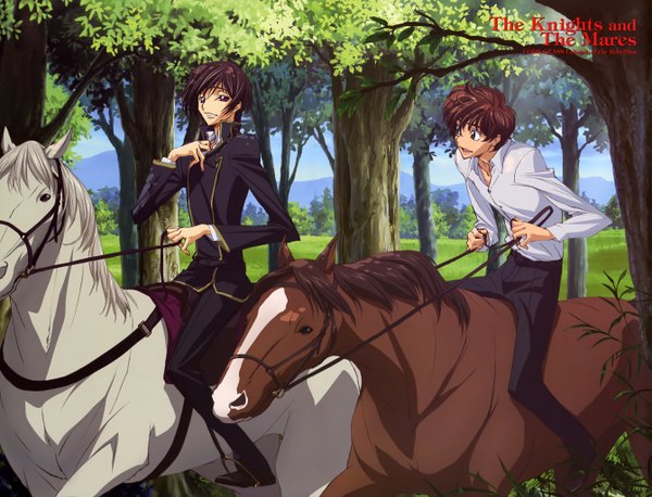 Anime picture 5361x4093 with code geass sunrise (studio) lelouch lamperouge kururugi suzaku highres short hair brown hair absurdres boy plant (plants) animal shirt tree (trees) pants horse