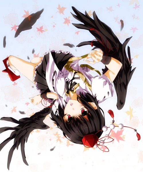 Anime picture 1500x1803 with touhou shameimaru aya kazumi in (artist) single tall image short hair black hair red eyes black wings upside down girl wings leaf (leaves) feather (feathers) tokin hat