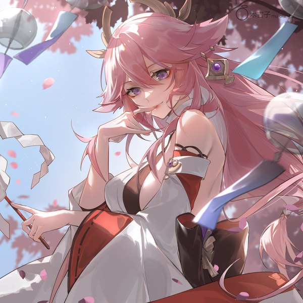 Anime picture 2362x2362 with genshin impact yae miko mujizi single long hair fringe highres hair between eyes purple eyes animal ears pink hair upper body outdoors traditional clothes japanese clothes fox ears cherry blossoms finger to mouth low ponytail nontraditional miko