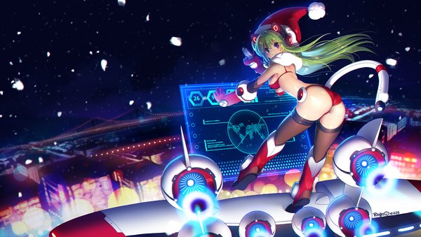 Anime picture 1820x1030 with original matsuki ringo single long hair blush highres light erotic smile wide image purple eyes ass looking back green hair girl thighhighs underwear panties black thighhighs hat boots