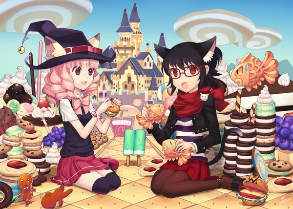Anime picture 1654x1182 with original minari short hair open mouth black hair red eyes multiple girls animal ears pink hair cat ears cat girl cat tail drill hair eating girl thighhighs skirt black thighhighs 2 girls glasses
