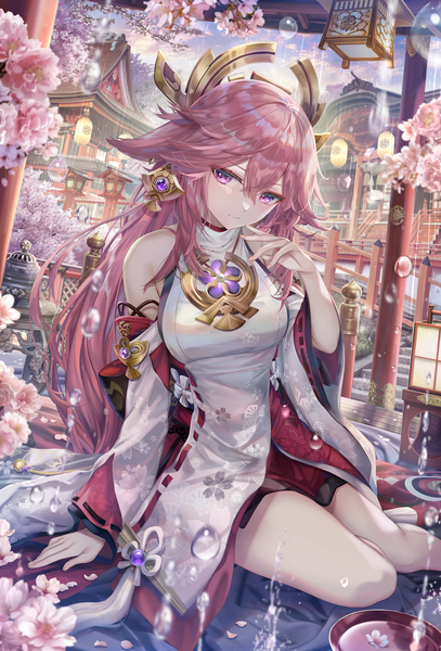 Anime picture 5439x8012 with genshin impact yae miko torino aqua single long hair tall image looking at viewer fringe highres breasts hair between eyes sitting purple eyes bare shoulders animal ears pink hair absurdres sky cloud (clouds) outdoors