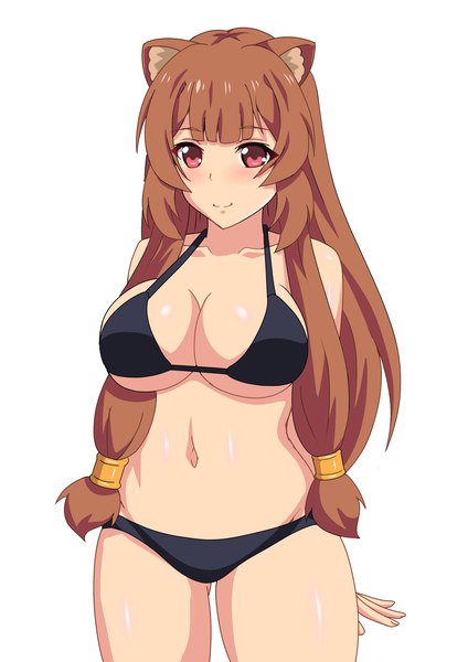Anime picture 1157x1637 with tate no yuusha no nariagari kinema citrus raphtalia mizutani rin single long hair tall image looking at viewer blush fringe breasts light erotic simple background smile red eyes brown hair large breasts standing white background animal ears