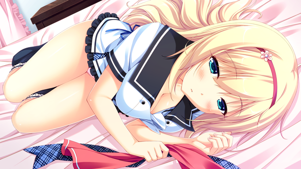 Anime picture 1280x720 with natsu koi high pressure hoshina maria sayori long hair looking at viewer blush breasts blue eyes light erotic blonde hair wide image large breasts game cg cleavage bare legs on side uniform underwear panties ribbon (ribbons)