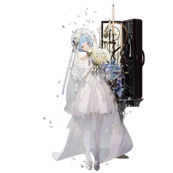 Anime picture 1024x1024 with girls frontline zas m21 (girls frontline) nineo single looking at viewer fringe short hair standing blue hair full body blunt bangs head tilt official art orange eyes transparent background girl thighhighs dress flower (flowers) white thighhighs