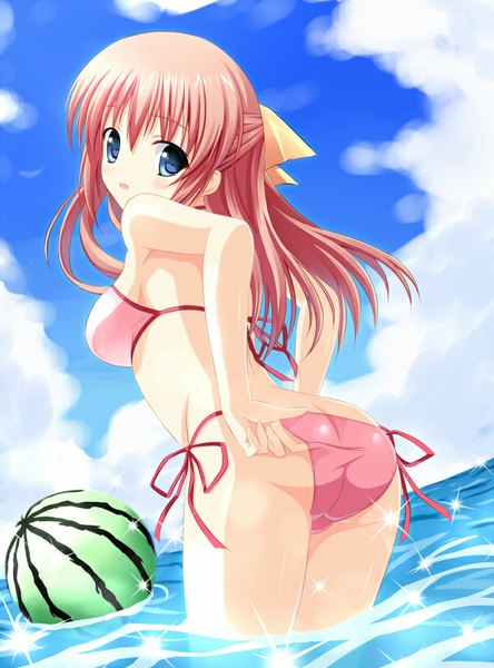 Anime picture 600x809 with original korotan single long hair tall image blush open mouth blue eyes light erotic pink hair sky cloud (clouds) looking back girl bow swimsuit hair bow bikini food sea
