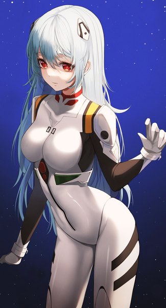 Anime picture 1500x2772 with neon genesis evangelion rebuild of evangelion evangelion: 3.0+1.0 thrice upon a time gainax ayanami rei ame 816 single long hair tall image fringe breasts simple background hair between eyes red eyes standing blue hair looking away blue background alternate hairstyle alternate hair length