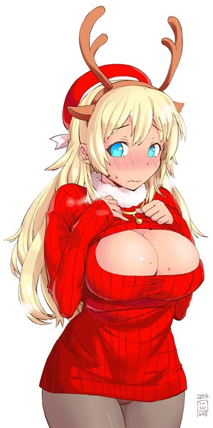 Anime picture 1000x2007 with kantai collection atago heavy cruiser nekoguchi single long hair tall image blush breasts blue eyes light erotic simple background blonde hair white background cleavage horn (horns) pantyshot huge breasts christmas girl underwear