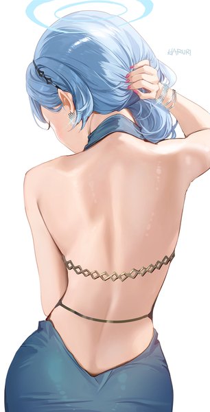 Anime picture 1058x2075 with blue archive ako (blue archive) ako (dress) (blue archive) haruri single long hair tall image light erotic simple background white background sitting signed blue hair upper body nail polish from behind back official alternate costume bare back pink nail polish
