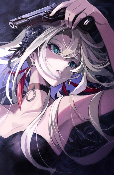 Anime picture 979x1500 with original pokimari single long hair tall image fringe blonde hair hair between eyes holding looking away upper body parted lips arm up hair flower aqua eyes mole armpit (armpits) mole under eye girl flower (flowers)