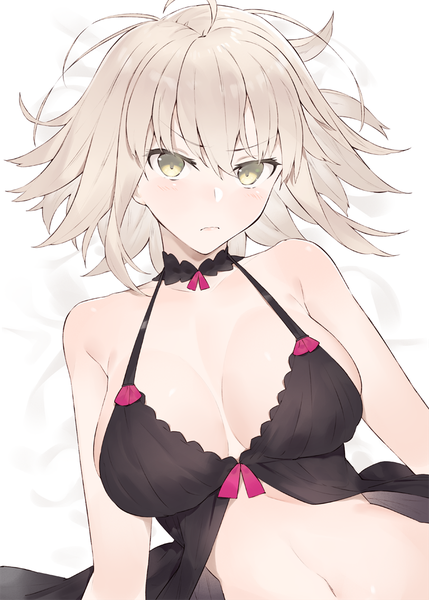 Anime picture 812x1136 with fate (series) fate/grand order jeanne d'arc (fate) (all) jeanne d'arc alter (fate) hayashi kewi single tall image looking at viewer blush fringe short hair breasts light erotic blonde hair hair between eyes large breasts bare shoulders yellow eyes cleavage upper body