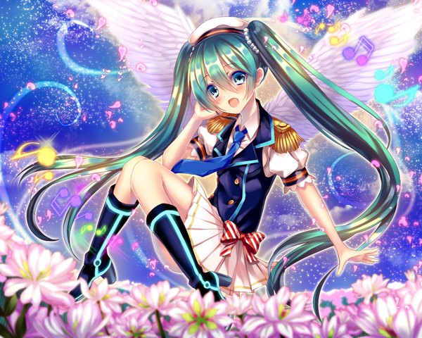 Anime picture 1500x1200 with vocaloid hatsune miku saijou haruki single long hair looking at viewer blush fringe open mouth blue eyes twintails bent knee (knees) green hair angel wings girl skirt bow wings shoes headdress