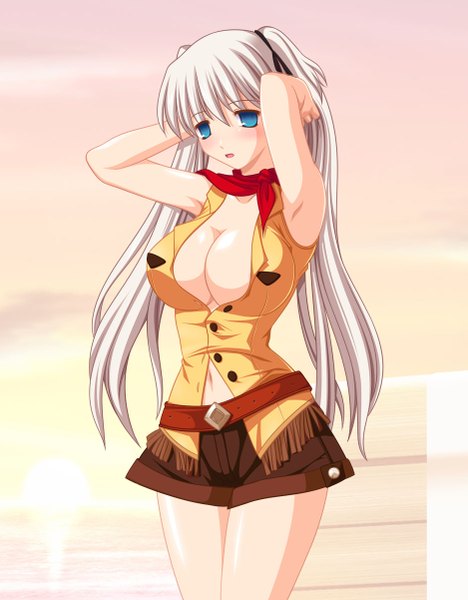 Anime picture 938x1202 with mabinogi nao (mabinogi) kafu single long hair tall image breasts blue eyes light erotic large breasts twintails cleavage white hair girl shorts