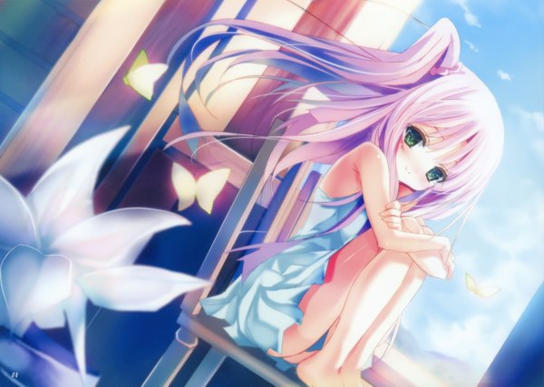 Anime picture 1500x1069 with shino (eefy) blush smile sitting bare shoulders green eyes pink hair sky cloud (clouds) loli girl dress flower (flowers) insect butterfly chair