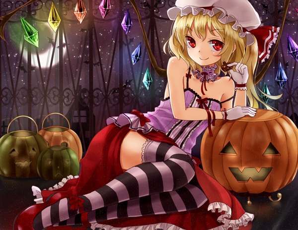 Anime picture 1550x1200 with touhou flandre scarlet shironeko yuuki single looking at viewer short hair blonde hair smile red eyes bare shoulders one side up halloween crescent girl thighhighs dress gloves wings moon striped thighhighs