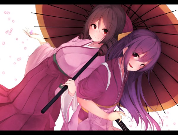 Anime picture 1637x1240 with kantai collection kamikaze destroyer harukaze destroyer waterdog long hair blush simple background smile red eyes brown hair white background multiple girls purple hair traditional clothes parted lips japanese clothes dutch angle drill hair letterboxed shared umbrella