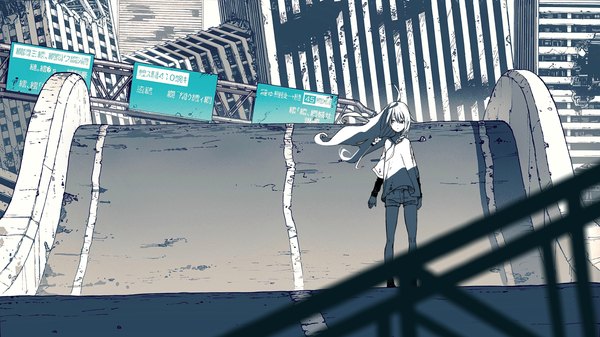 Anime picture 4095x2302 with vocaloid ia (vocaloid) omao single long hair highres wide image looking away absurdres ahoge braid (braids) wind blurry twin braids city monochrome cityscape ruins spot color girl