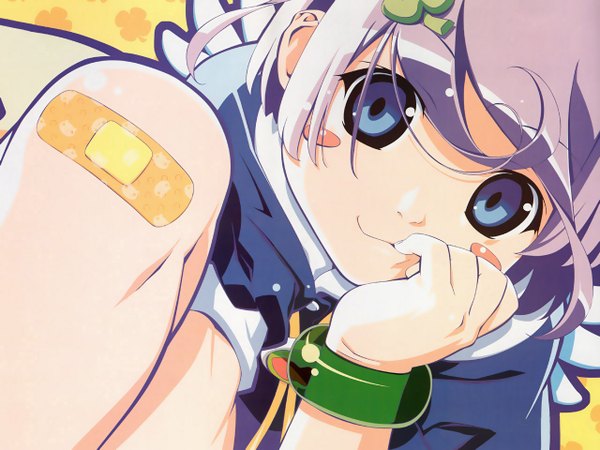 Anime picture 1280x960 with popotan mii (popotan) watanabe akio blush short hair blue eyes smile purple hair wallpaper wings bracelet jewelry bandaid