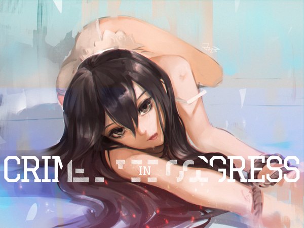 Anime picture 1400x1050 with original jn3 single long hair looking at viewer fringe open mouth light erotic black hair brown eyes signed ass lying blurry no panties tears text on side strap slip english