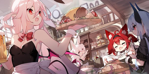 Anime picture 1920x960 with original saru (longbb) long hair fringe highres short hair breasts open mouth hair between eyes red eyes wide image multiple girls holding animal ears looking away pink hair cleavage silver hair ahoge red hair