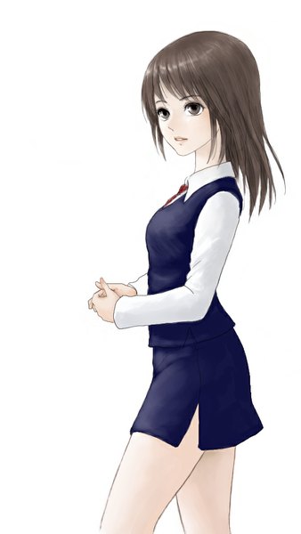 Anime picture 587x1040 with original erurodo (artist) single long hair tall image simple background brown hair white background looking away grey eyes side slit walking girl skirt uniform miniskirt shirt necktie vest