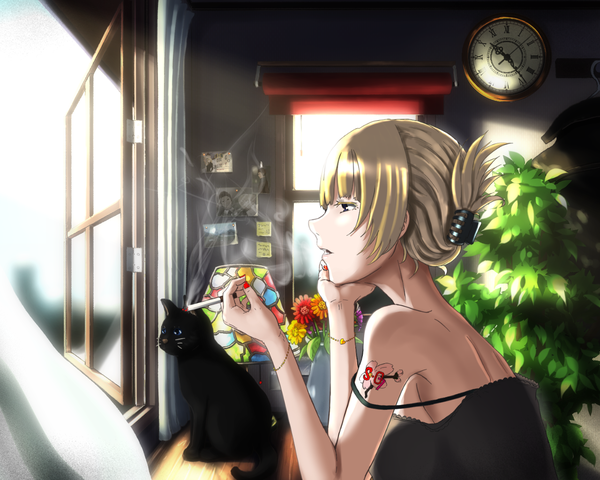 Anime picture 1280x1024 with original noica single fringe breasts open mouth blonde hair sitting holding nail polish profile fingernails off shoulder tattoo smoke strap slip smoking red nail polish folded ponytail girl