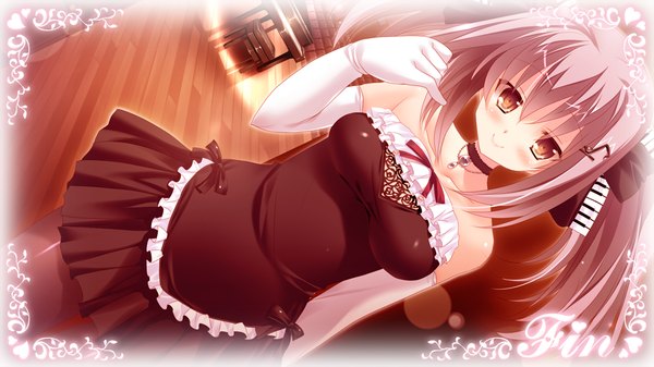 Anime picture 1024x576 with love love life skyfish (studio) ginrei otoha tajima yoshikazu single long hair looking at viewer blush breasts smile wide image large breasts twintails bare shoulders brown eyes game cg grey hair girl thighhighs dress